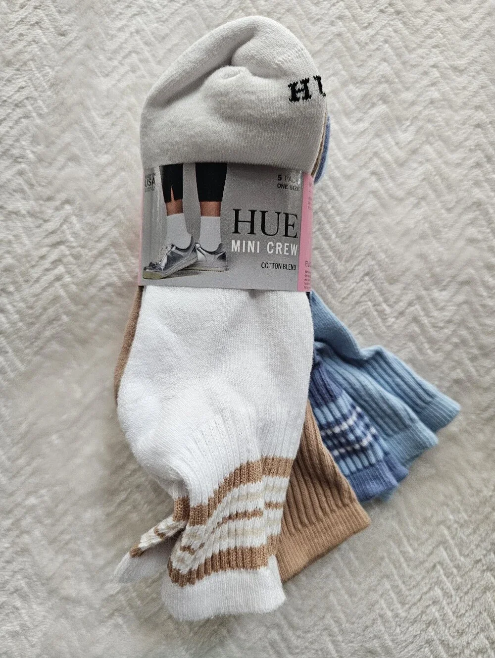 Bundle of 10 Pairs HUE Women's Mini Crew Socks-2 Pks of 5 Pairs Black,Blue,Tan